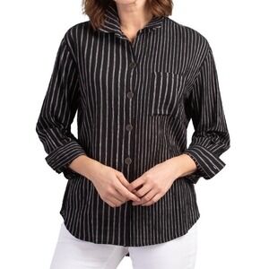 Habitat Clothes to Live In Womens small Black Gray Striped Seersucker Button top